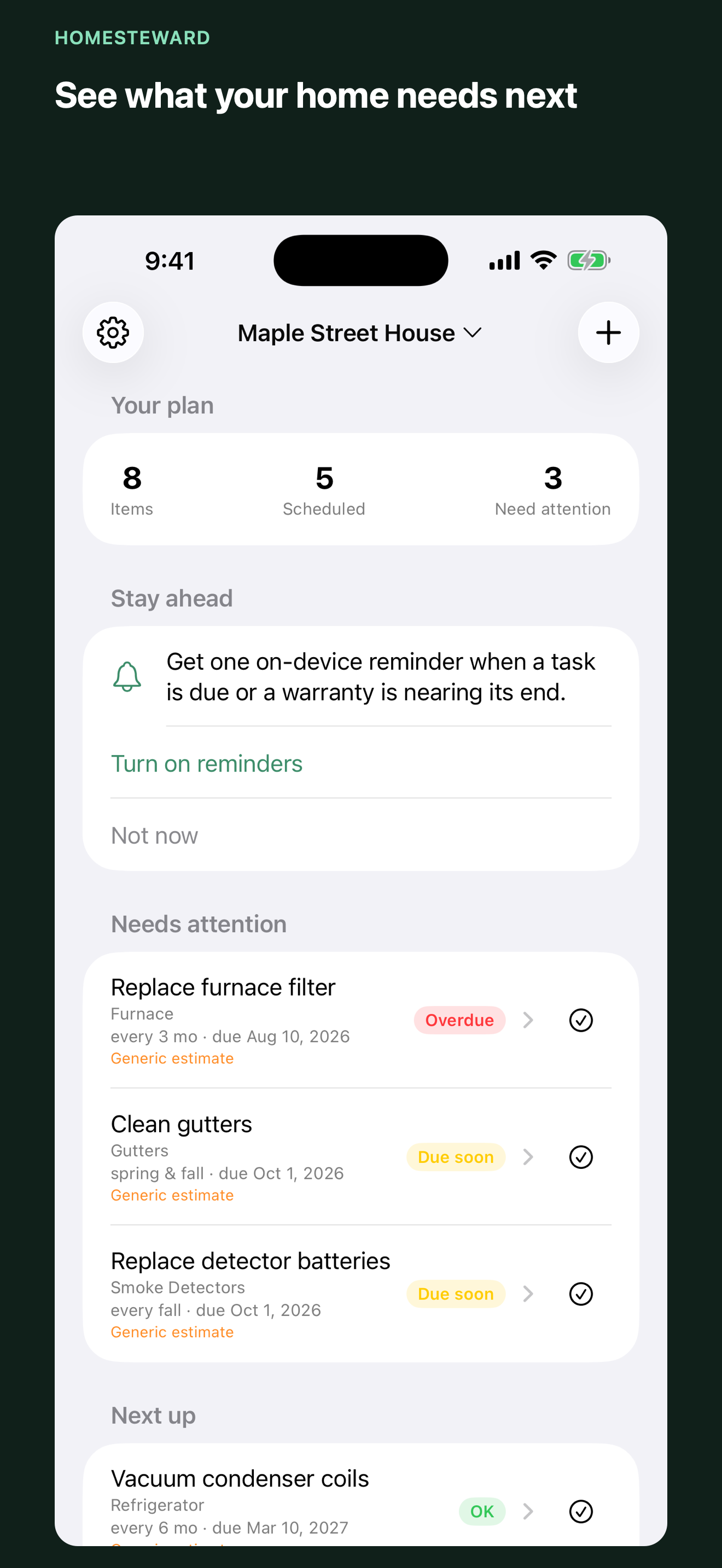 HomeSteward dashboard showing home maintenance needing attention and the next task