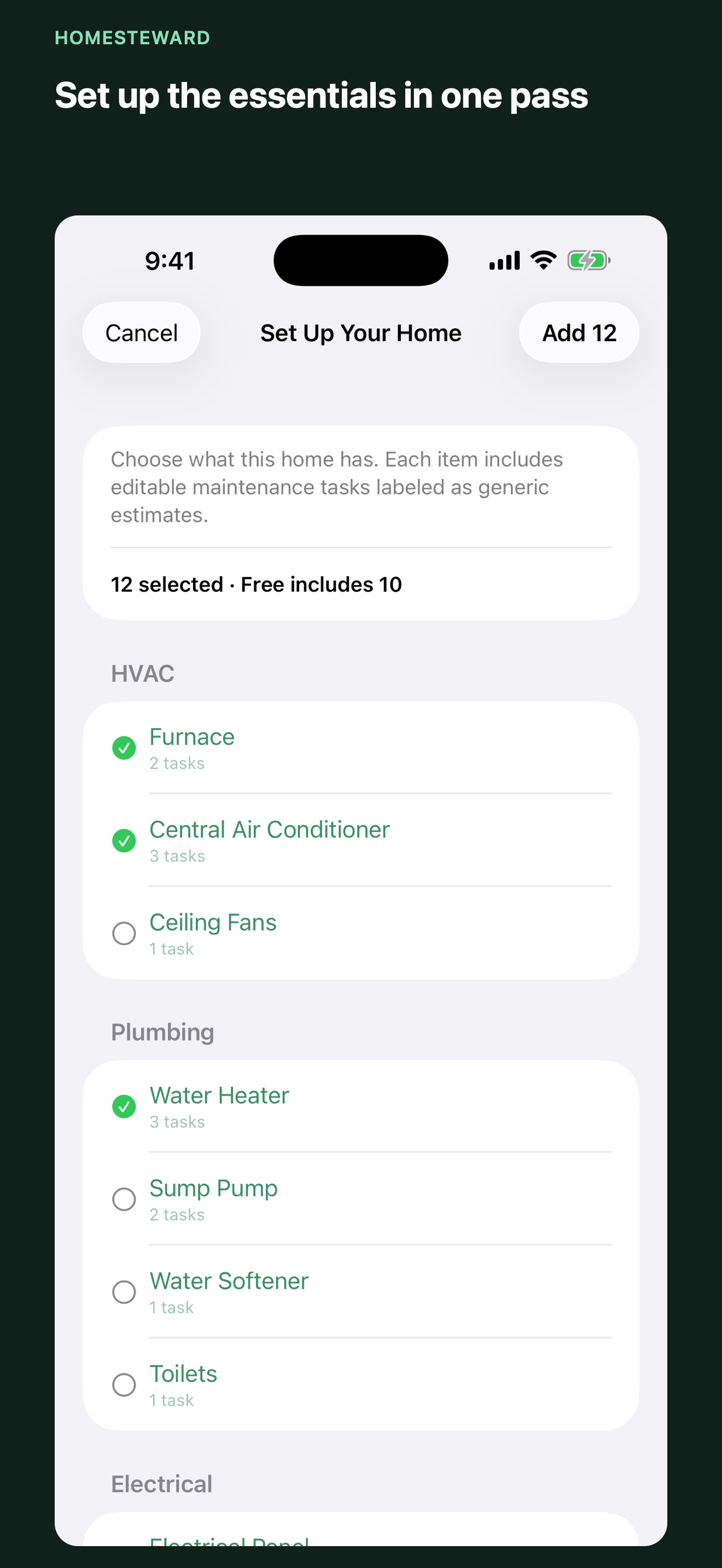 HomeSteward Quick Setup catalog with common appliances and home systems selected