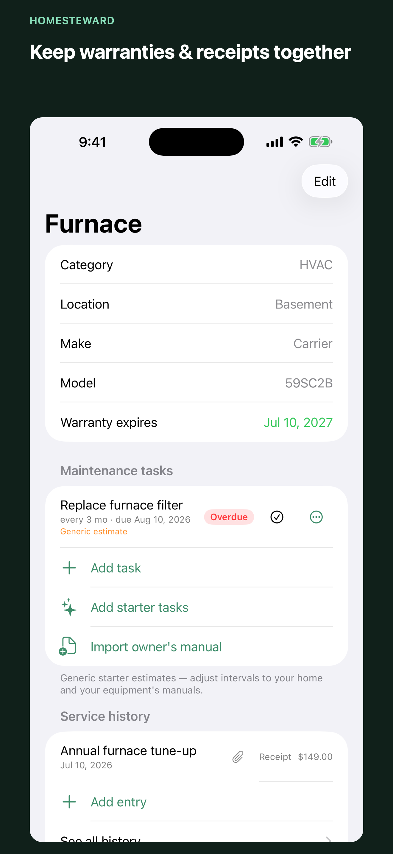 HomeSteward item record with appliance details, warranty, and receipt tools