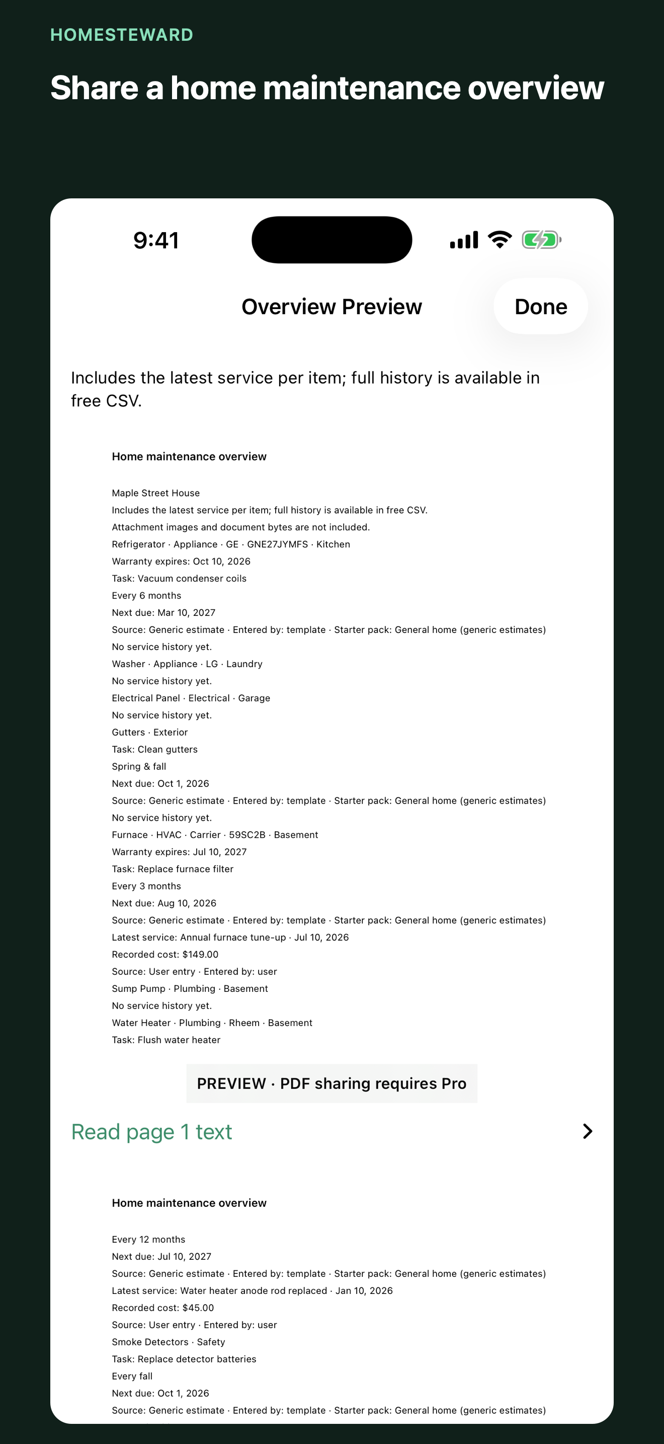 HomeSteward preview of a home maintenance overview available with Pro