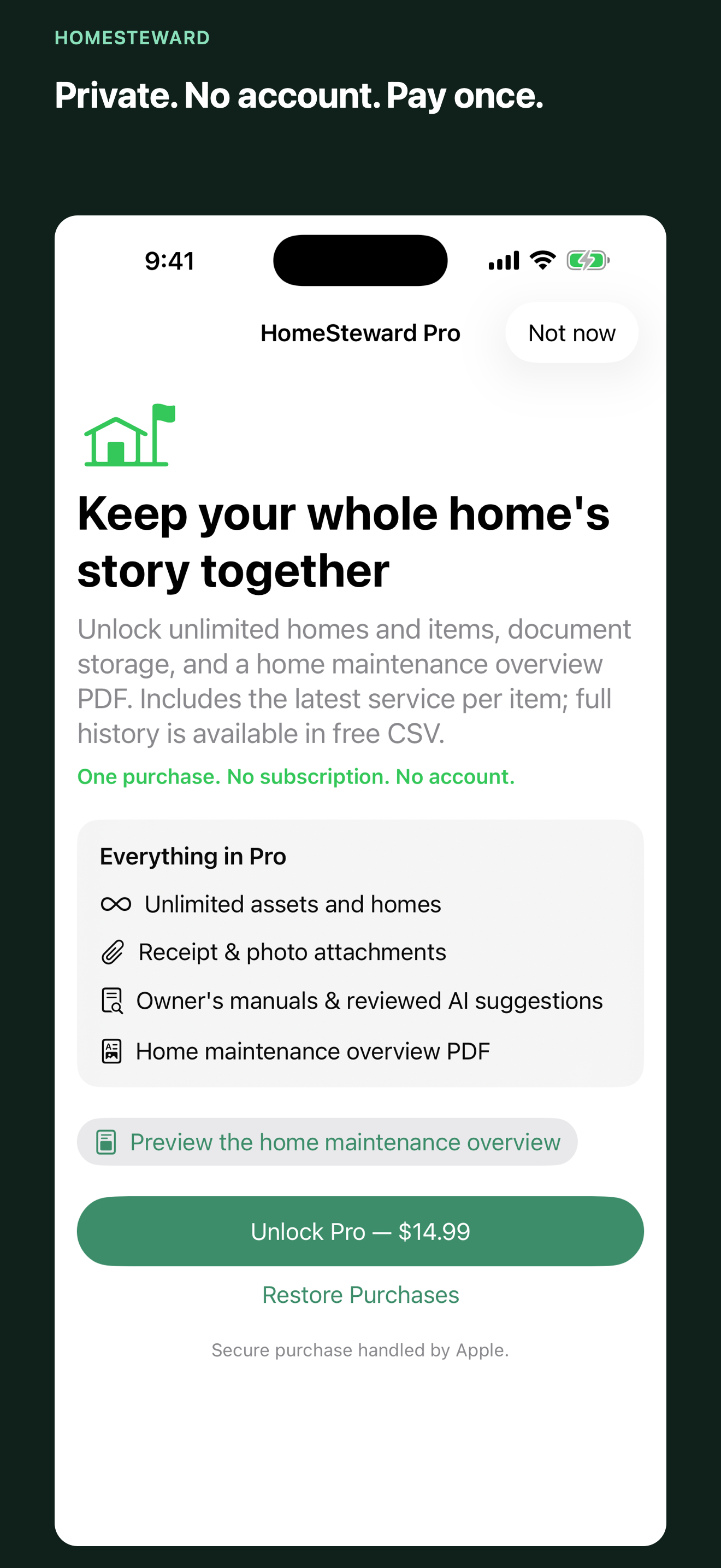 HomeSteward Pro screen explaining local-first storage and a one-time purchase